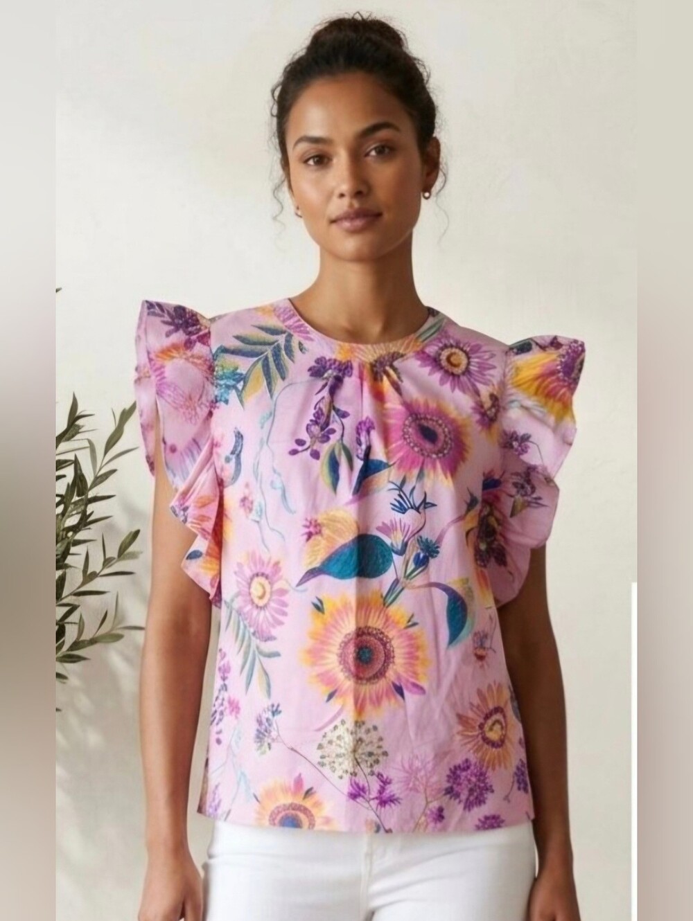 ELIE TAHARI Pink Floral Ruffled Sleeve Blouse Size M Cottagecore Boho Fall